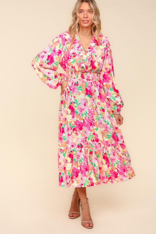 Haptics Floral Surplice Balloon Sleeve Dress with Side Pockets