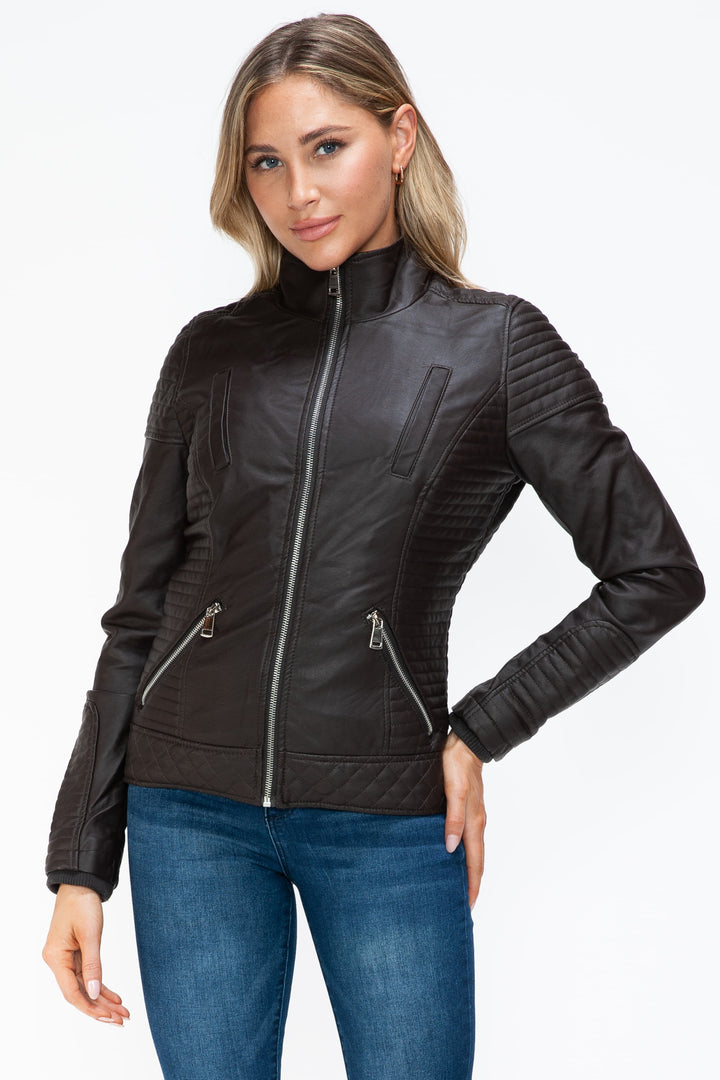 YMI Faux Layered Double-Zipper Faux Leather Jacket with Fuzzy Hood