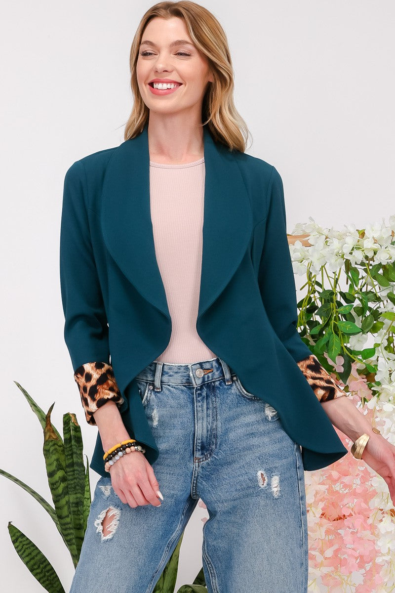 Celeste Rolled Leopard Cuff Open Front Blazer