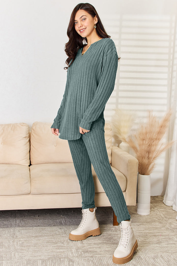 Basic Bae Notched Long Sleeve Top and Pants Set