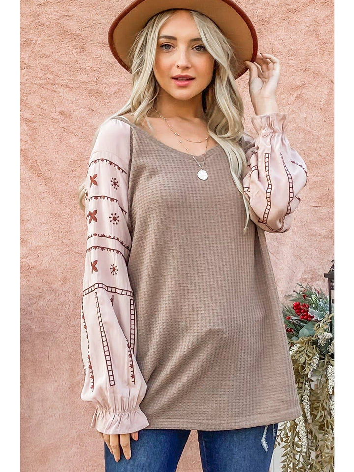 Cozy Waffle Knit With Embroidery Detailed Top