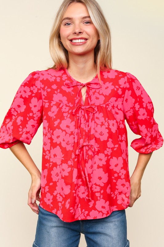 Haptics Ribbon Bow Floral Balloon Sleeve Blouse