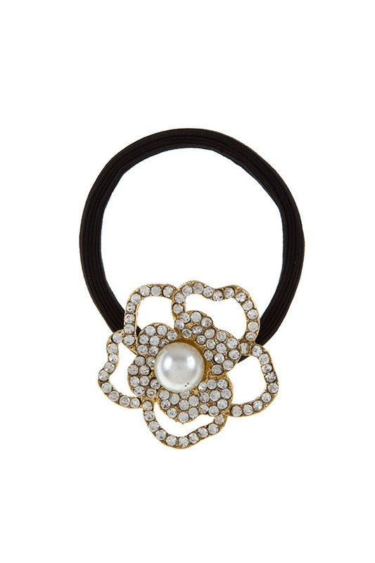 LUXURY RHINESTONE PEARL FOWER HAIR TIE