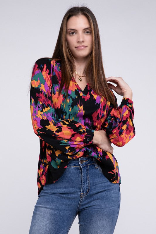 Abstract Floral Raglan Sleeve Blouse