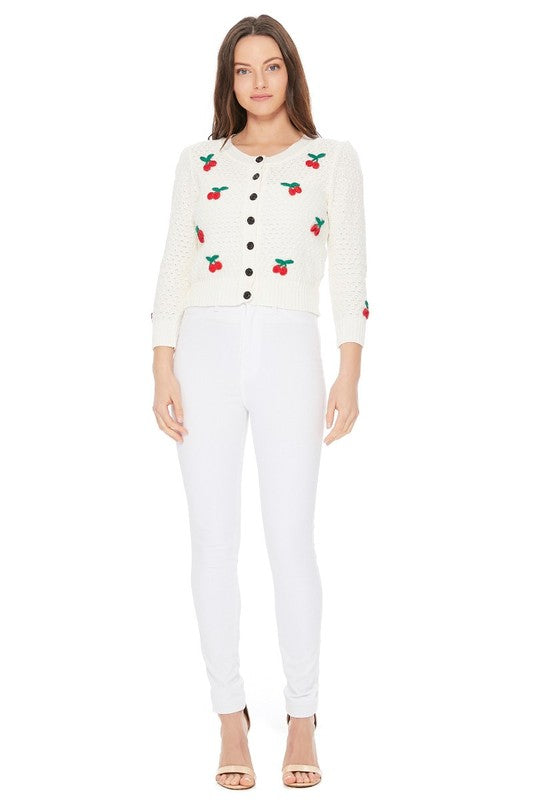 Mak Cherry Crochet Pom Pom Cropped Cardigan Sweater