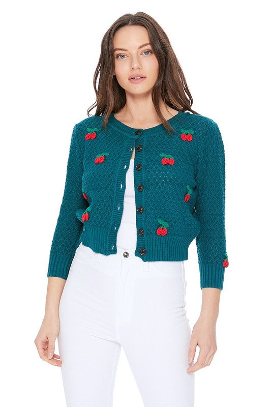 Mak Cherry Crochet Pom Pom Cropped Cardigan Sweater