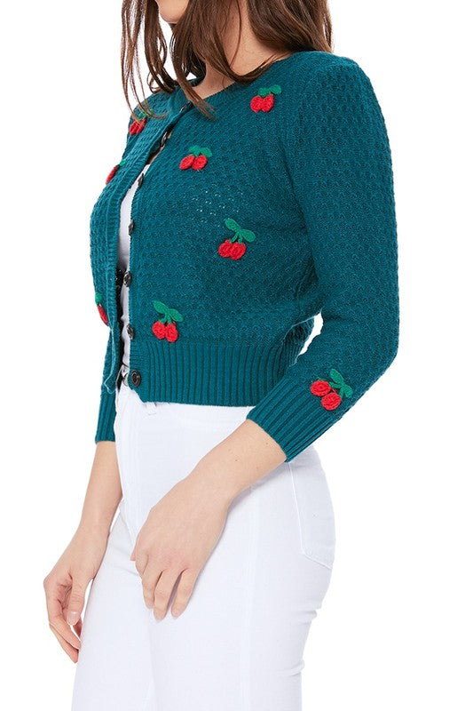 Mak Cherry Crochet Pom Pom Cropped Cardigan Sweater