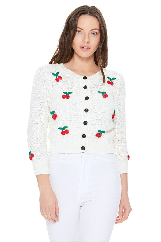 Mak Cherry Crochet Pom Pom Cropped Cardigan Sweater