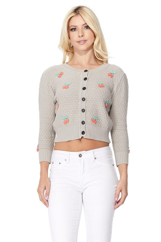 Mak Cherry Crochet Pom Pom Cropped Cardigan Sweater