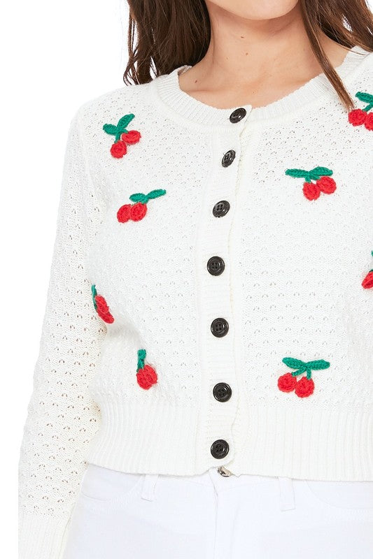 Mak Cherry Crochet Pom Pom Cropped Cardigan Sweater