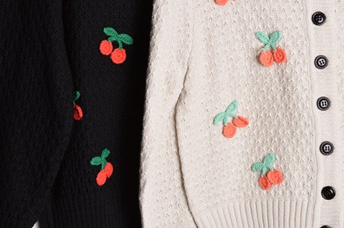 Mak Cherry Crochet Pom Pom Cropped Cardigan Sweater