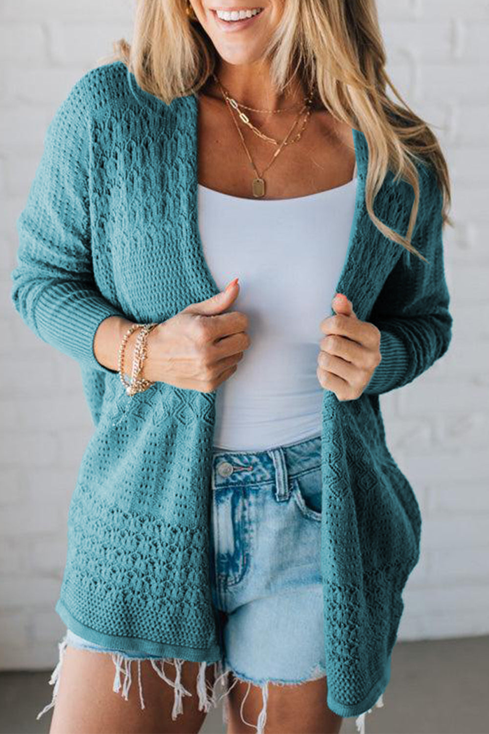 Lapis Mix Pattern Hollowed Knit Open Front Cardigan