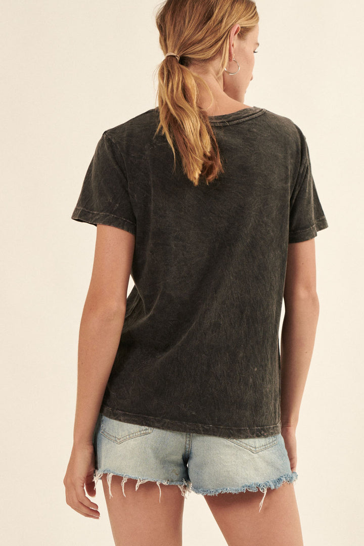 Mineral Washed V-Neck Solid Knit T-Shirt - Boho Soho