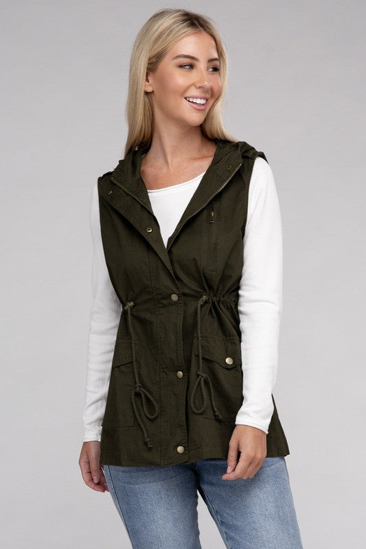 Zenana Drawstring Waist Military Hoodie Vest