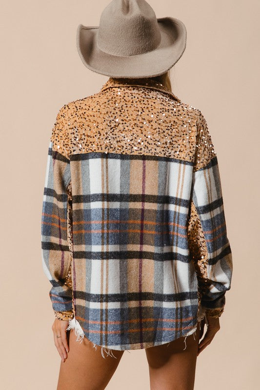 BiBi Curved Hem Sequin Plaid Button Up Shacket