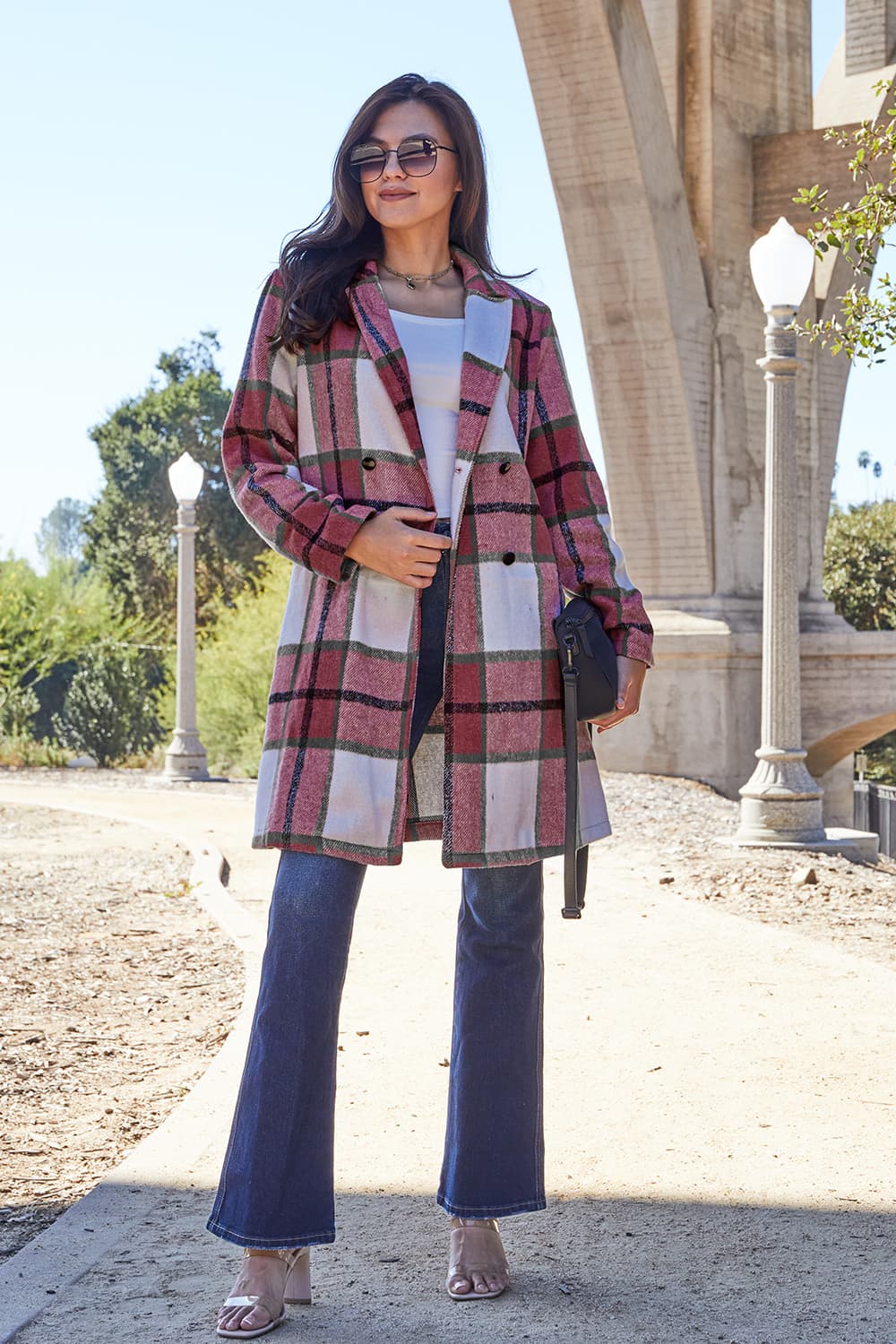 Double Take Plaid Button Up Lapel Collar Coat