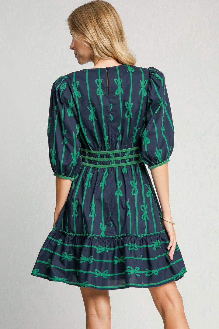 Umgee Bow Print Frill Contrast Velvet Trim Half Sleeve Dress