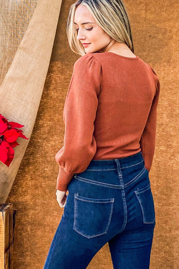 And The Why Puff Sleeve Ribbed Knit Bodysuit 