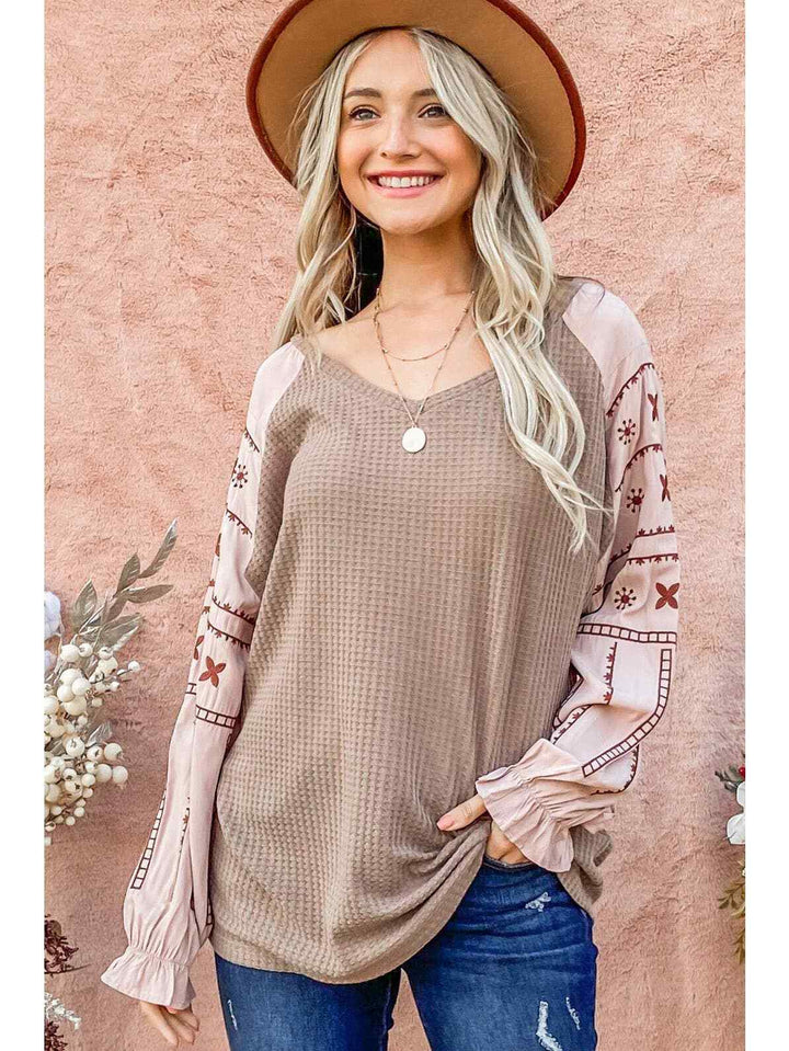 And The Why Cozy Waffle Knit With Embroidery Detailed Top 