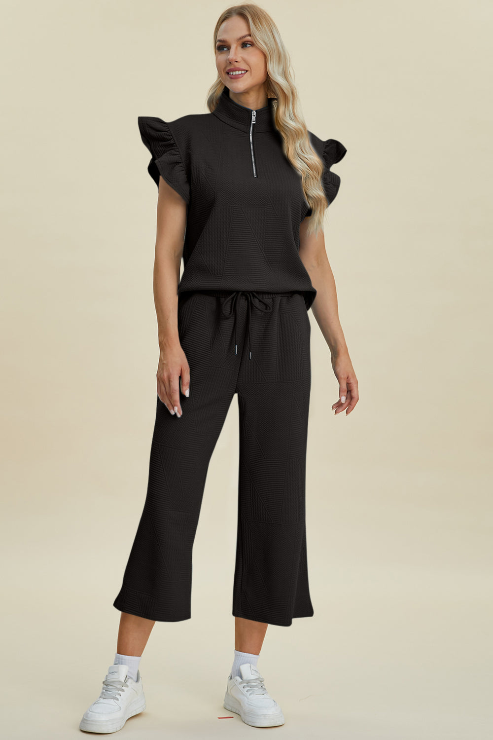 Double Take Full Size Texture Ruffle Short Sleeve Top and Wide Leg Pants Set - Boho Soho