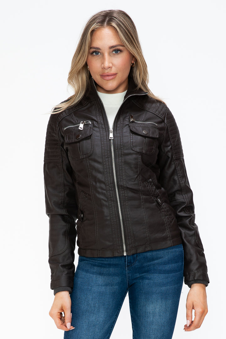 YMI Removable Faux Layered Multi-Pocket Faux Leather Jacket with Fuzzy Hood