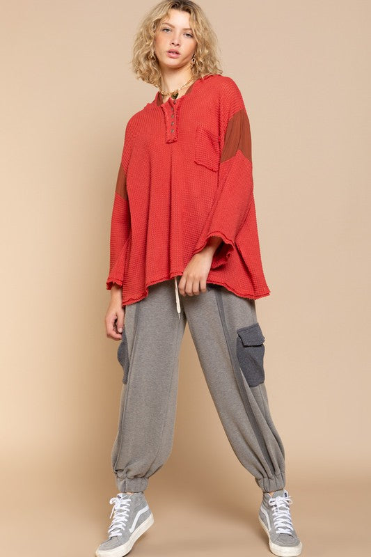 POL Waffle Knit Bell Sleeve Oversized Top