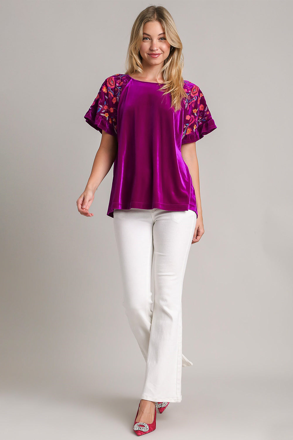 Umgee Velvet Embroidery Short Sleeve Blouse