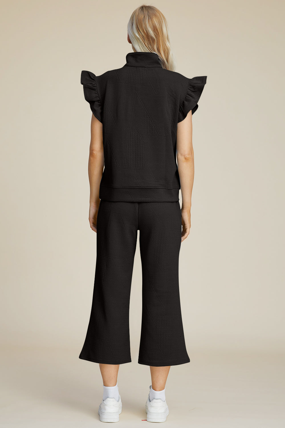 Double Take Full Size Texture Ruffle Short Sleeve Top and Wide Leg Pants Set - Boho Soho