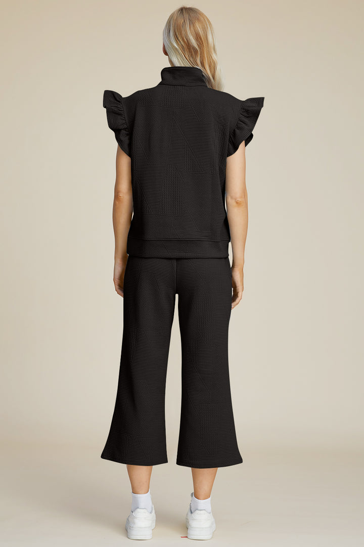 Double Take Full Size Texture Ruffle Short Sleeve Top and Wide Leg Pants Set - Boho Soho