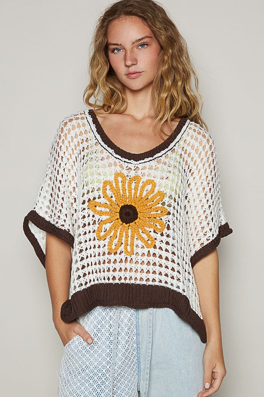 POL Hollow Out Flower Half Sleeve Knit Top