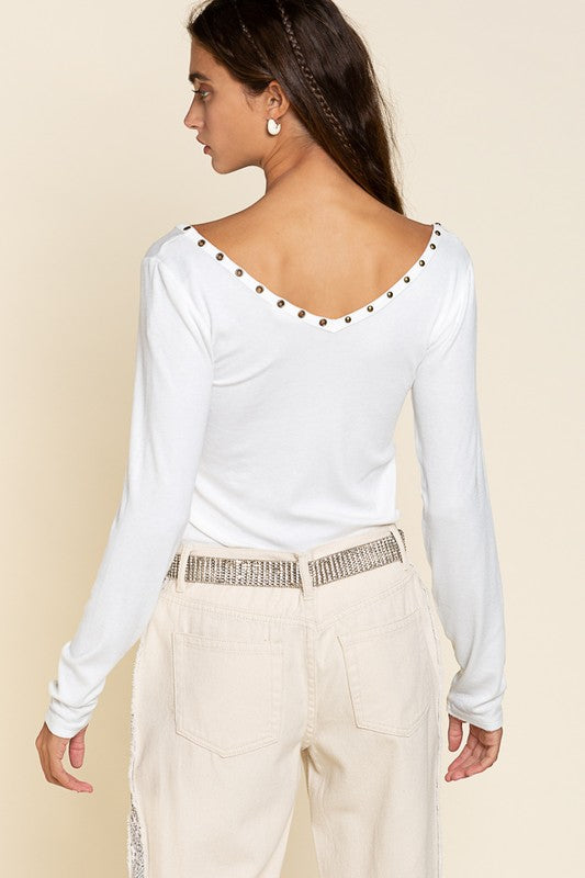 Studded Ribbed V-Neck Top - Boho Soho