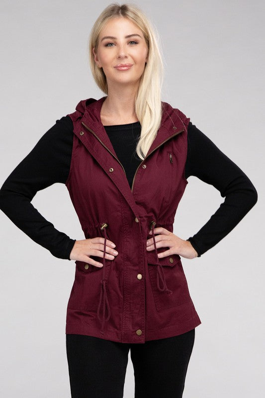 Zenana Drawstring Waist Military Hoodie Vest