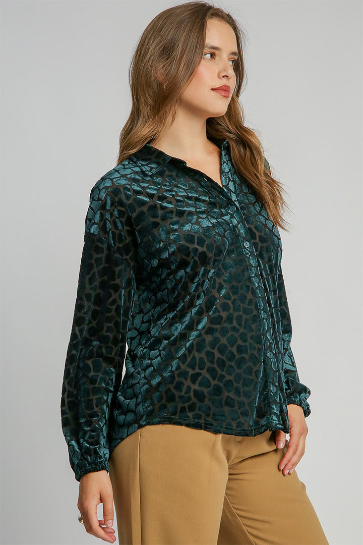 Umgee Animal Print Button Up Velvet Shirt