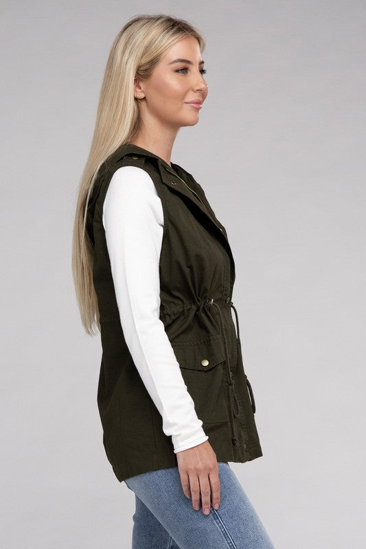 Zenana Drawstring Waist Military Hoodie Vest