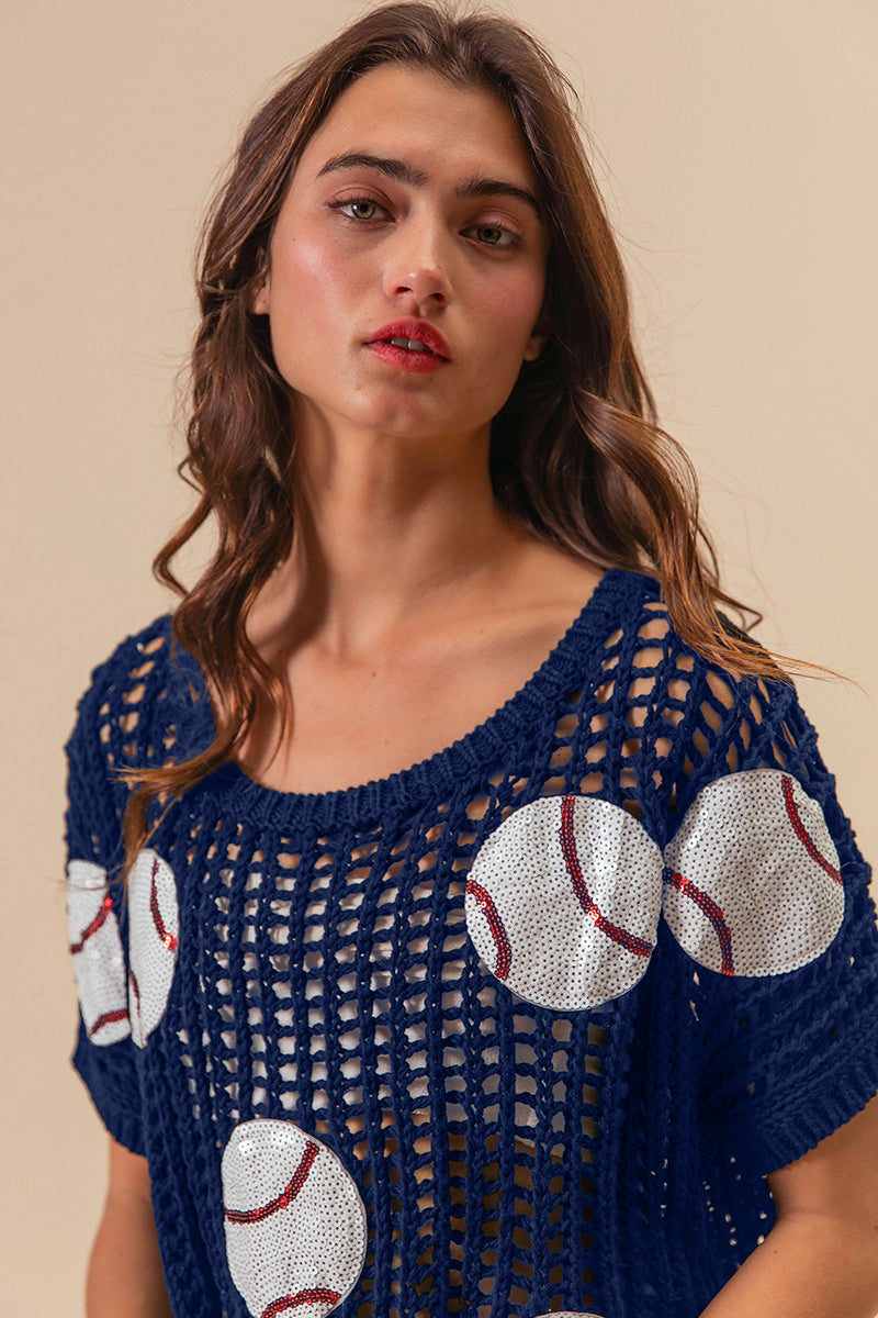 BiBi Sequin Baseball Patch Short Sleeve Open Knit Top