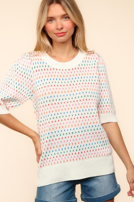 Haptics Round Neck Half Sleeve Multi Color Knit Top