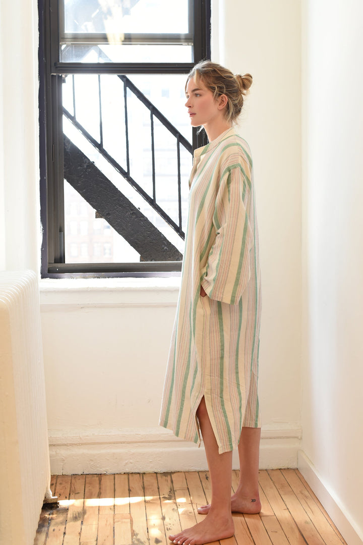 Home & Loft Turkish Cotton Green Ivory Montauk Long Sleeve Maxi Kaftan