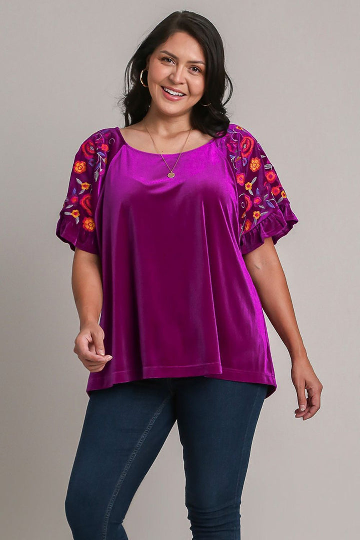 Umgee Velvet Embroidery Short Sleeve Blouse