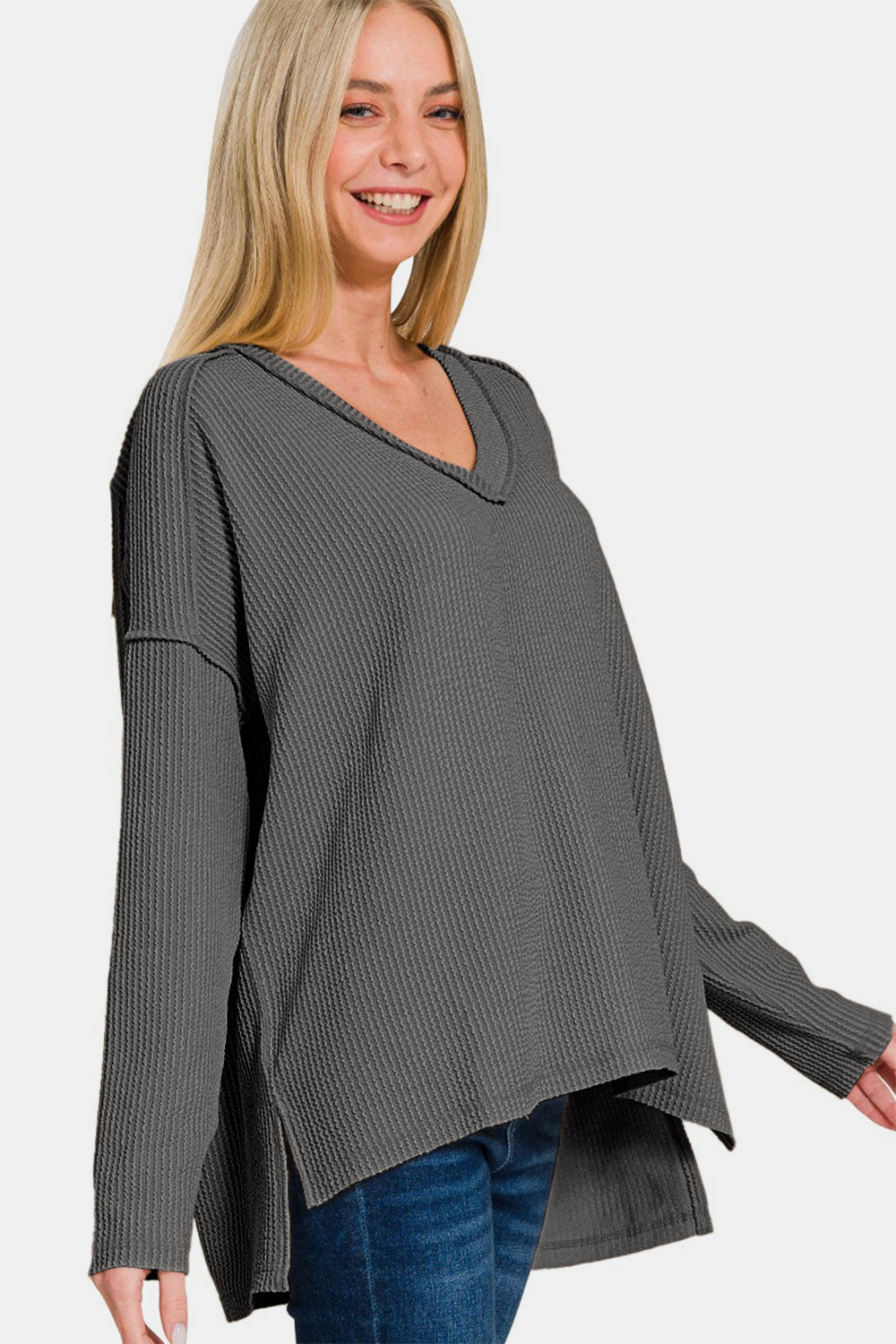 Zenana Texture Exposed Seam V-Neck Long Sleeve Top