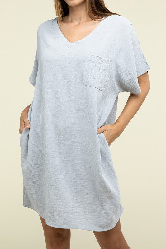 Zenana Woven Airflow V Neck T-Shirt Dress with Pockets