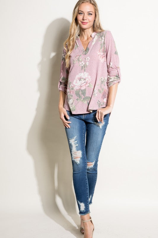 PLUS FLORAL SPLIT NK ROLL SL TOP