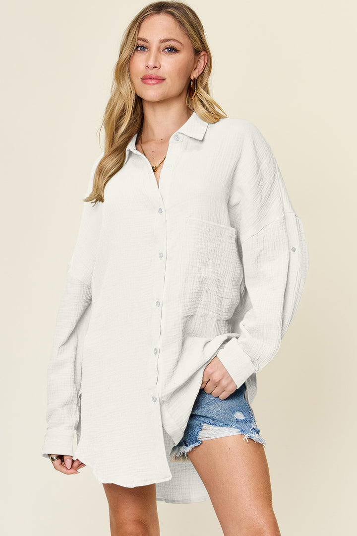 Double Take Pocketed Texture Button Up Shirt