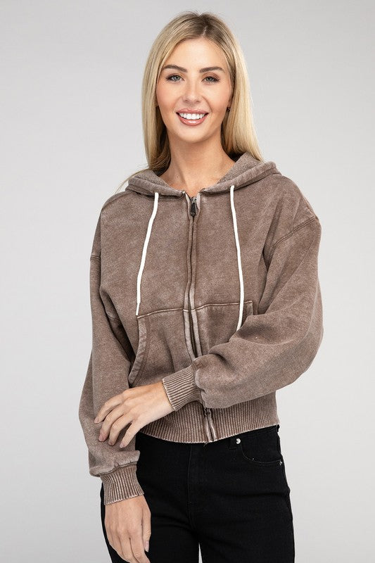 Zenana Acid Wash Fleece Cropped Zip-Up Hoodie - Boho Soho