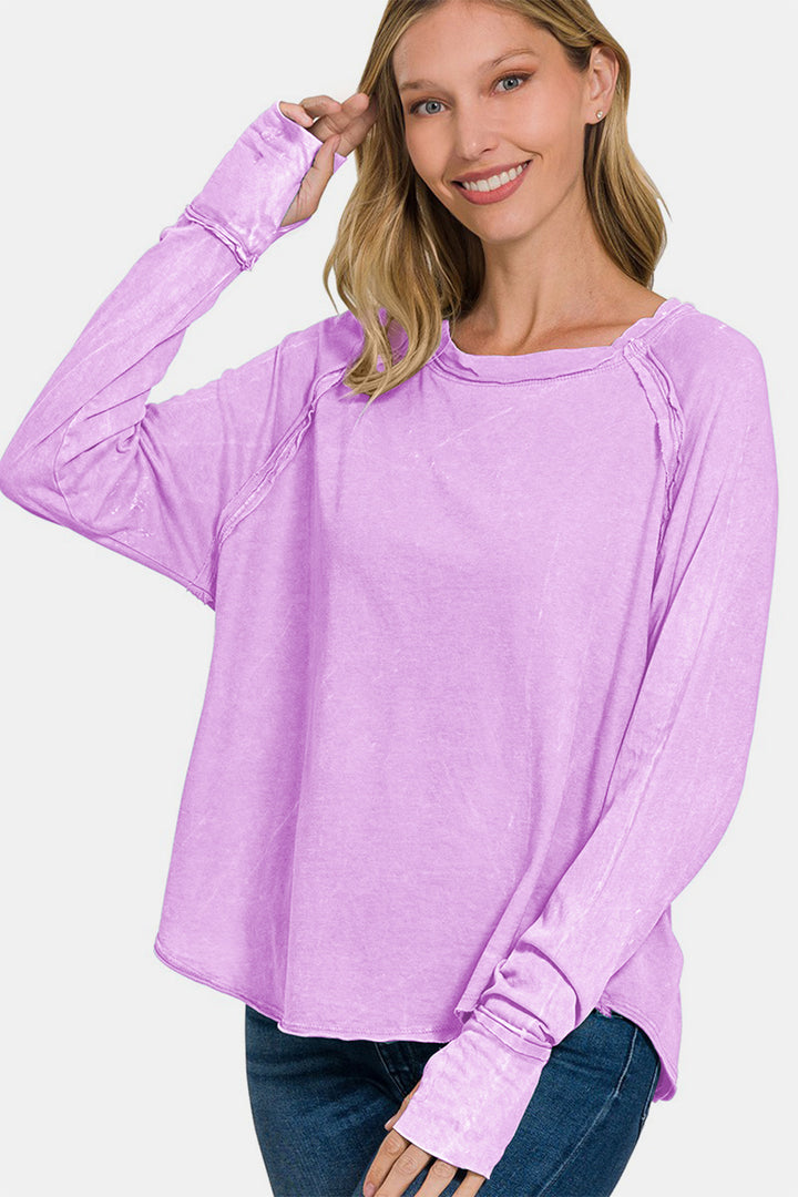 Zenana Round Neck Thumbhole Long Sleeve Top