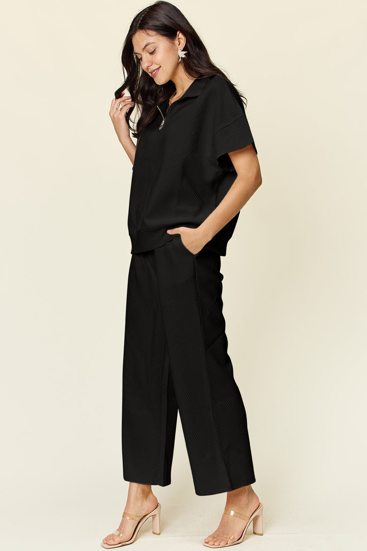 Double Take Texture Half Zip Short Sleeve Top and Pants Set