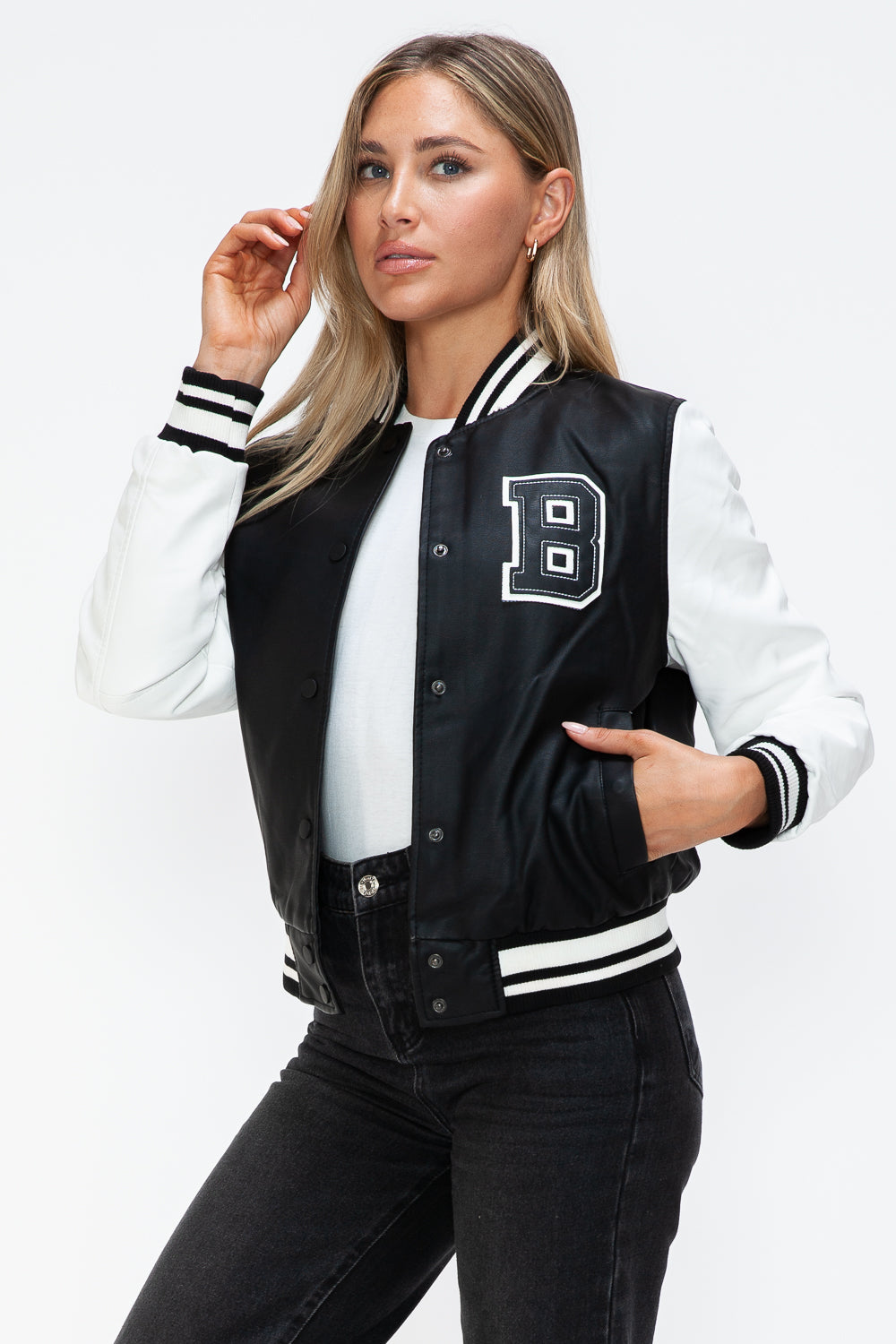 Love Me Now PU Leather Contrast Snap Down Bomber Jacket - Boho Soho