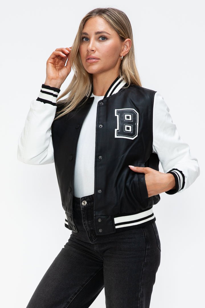 Love Me Now PU Leather Contrast Snap Down Bomber Jacket - Boho Soho