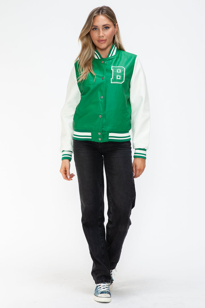 Love Me Now PU Leather Contrast Snap Down Bomber Jacket - Boho Soho
