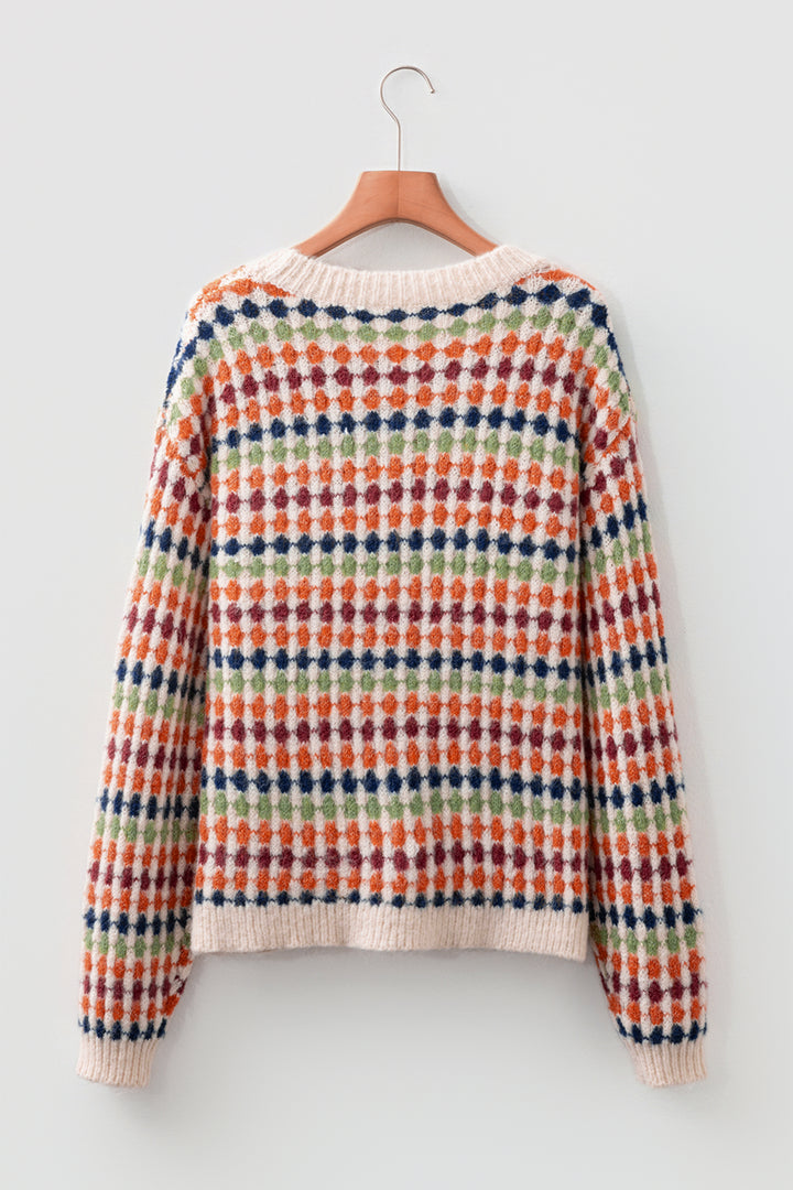 Multicolour Dotty Striped Pattern Knit Drop Shoulder Sweater