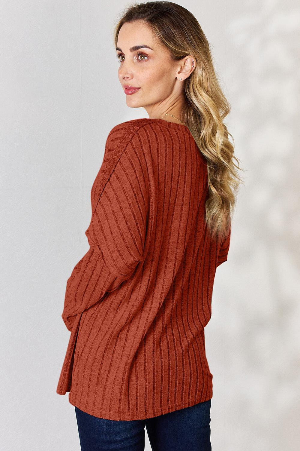 Basic Bae Ribbed Half Button Long Sleeve T-Shirt